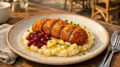 Křupavá vinná klobása v trojobalu s kaší